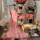 Vintage Romantic Pink Beaded V Neck Chiffon Evening Dress Party Dress SH3471