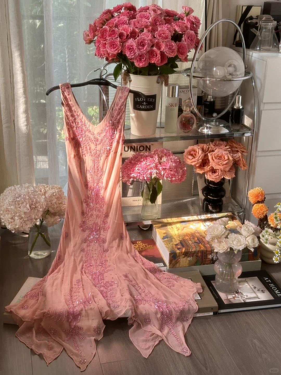 Vintage Romantic Pink Beaded V Neck Chiffon Evening Dress Party Dress SH3471