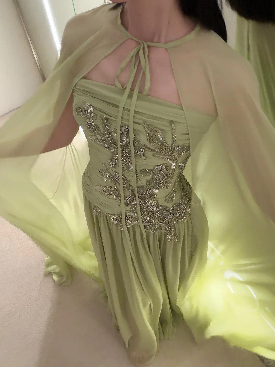 Fresh Green A Line Strapless Beaded Chiffon Long Prom Dress Wedding Guest Dress SH7713