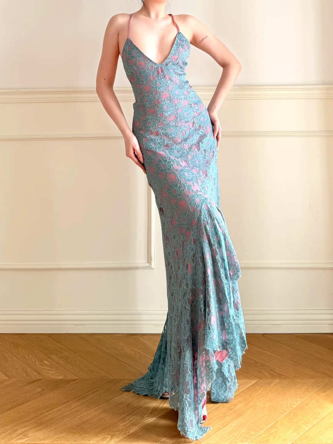 Sexy Mermaid Straps Blue Lace Pink Chiffon Long Prom Dress Wedding Guest Dress SH5504