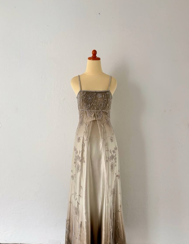 Vintage A Line Spaghetti Strap Beaded Tulle Grey Ombre Satin Prom Dress Graduation Prom Dress SH2659