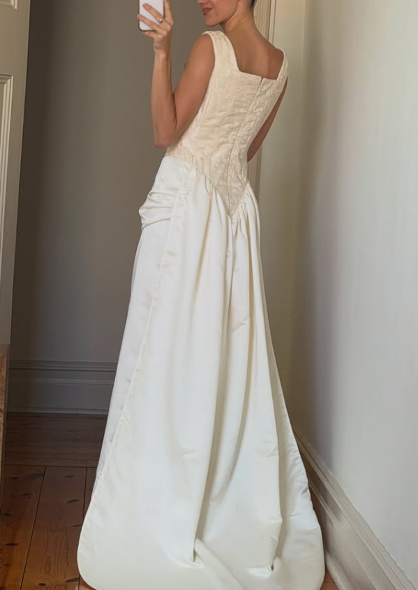 Vintage Simple A Line Square Neck Apricot Print Satin Wedding Dress SH8471