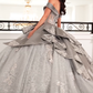 Silver Ball Gown Applique Lace Sequin Tulle Satin Long Prom Dress Quinceanera Dress SH5166