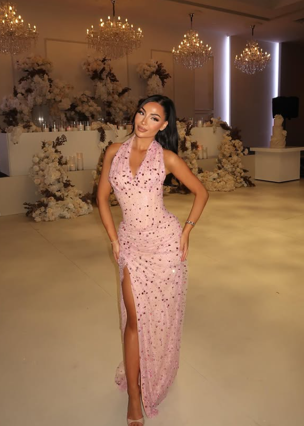 Charming Rhinestone Sheath Halter Pink Tulle Prom Dress Evening Dress SH6547