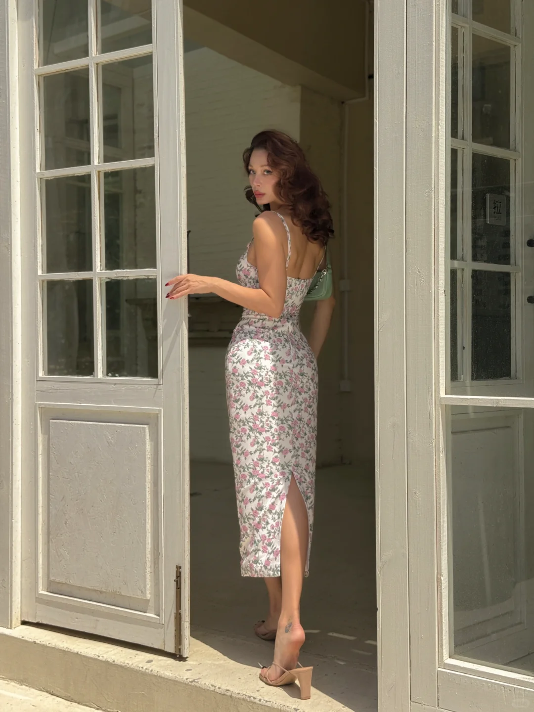 Vintage Sheath Spaghetti Strap Pink Print Floral Satin Prom Dress Evening Dress SH4252