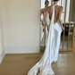 Charming Mermaid Halter White Satin Open Back Long Wedding Dress SH4756