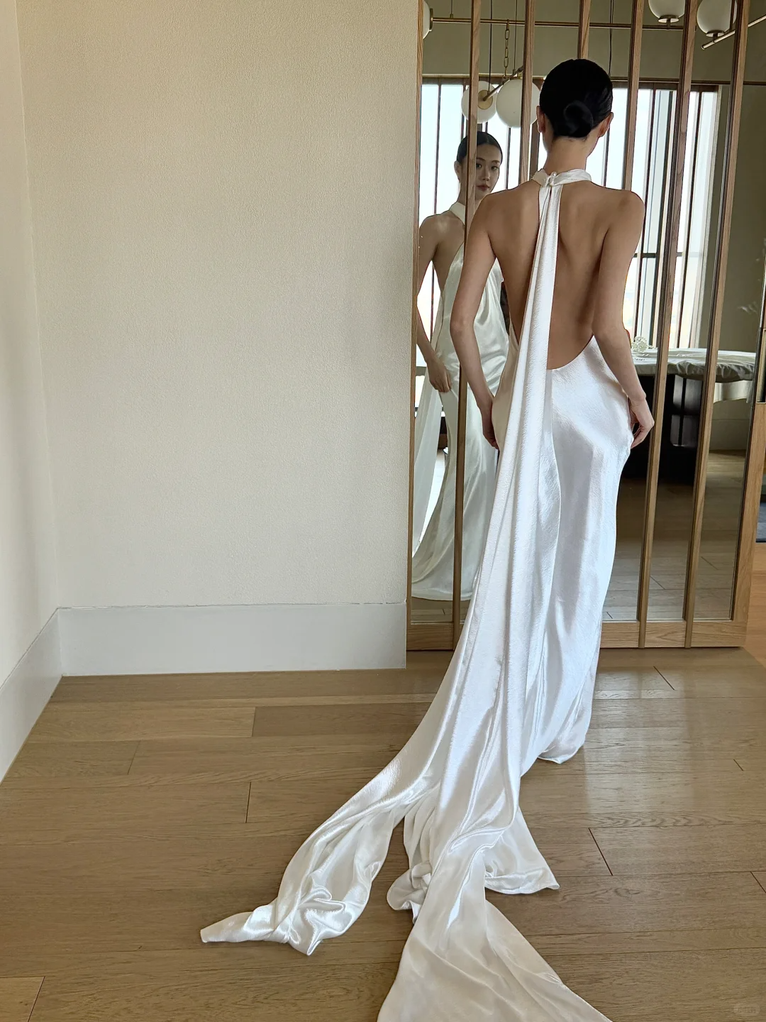 Charming Mermaid Halter White Satin Open Back Long Wedding Dress SH4756