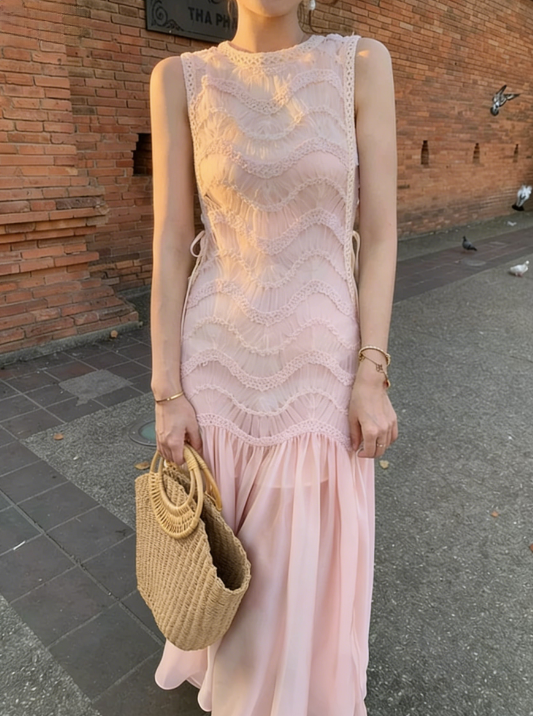 Simple A Line Round Neck Light Apricot Lace Chiffon Party Dress Outfits SH4259