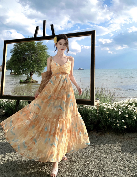 Flowy A Line Spaghetti Strap Floral Yellow Chiffon Prom Dress Vacation Dress SH4138