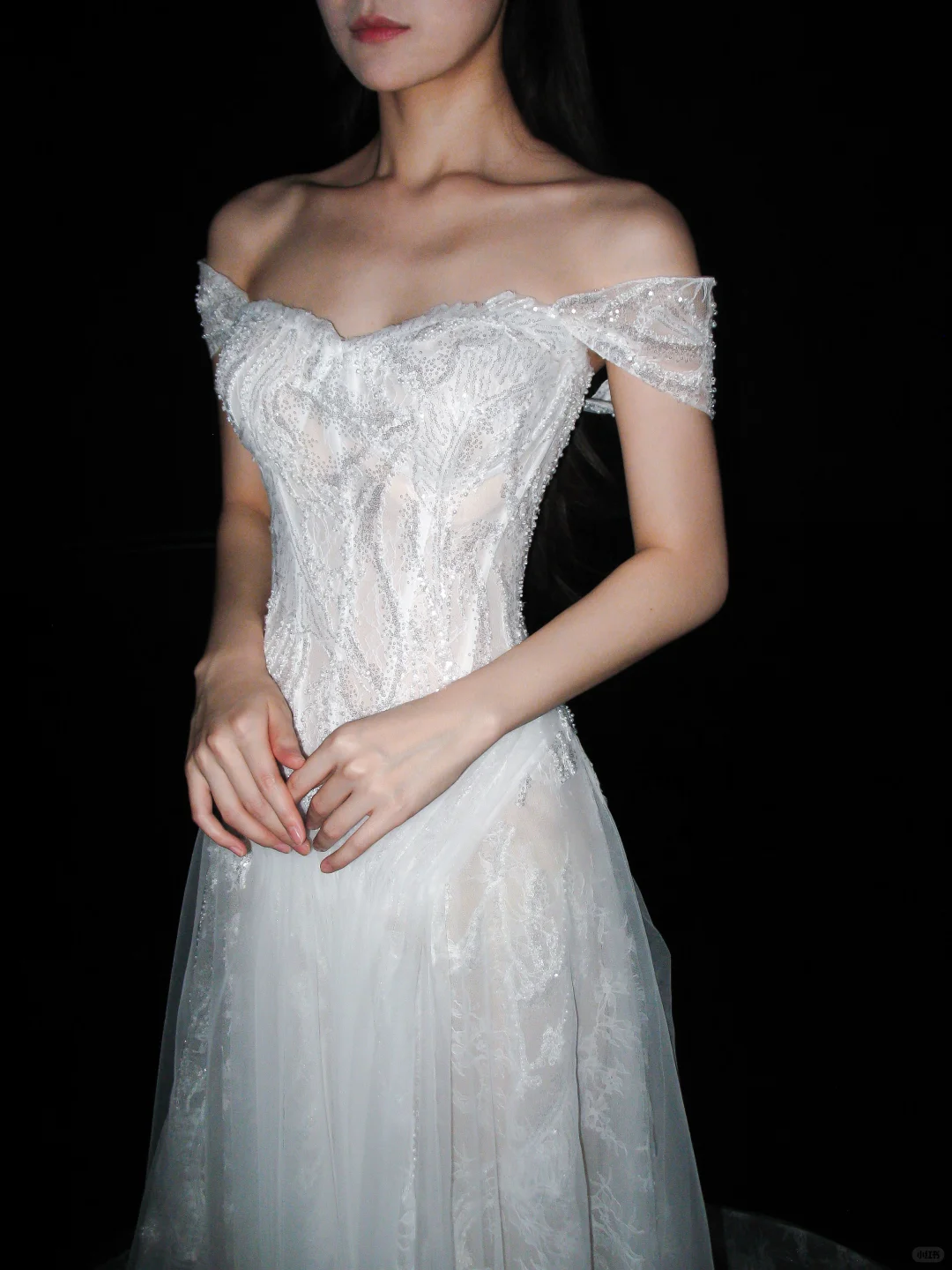 Dreamy A Line Off the Shoulder White Beaded Lace Tulle Long Train Wedding Dress SH8902