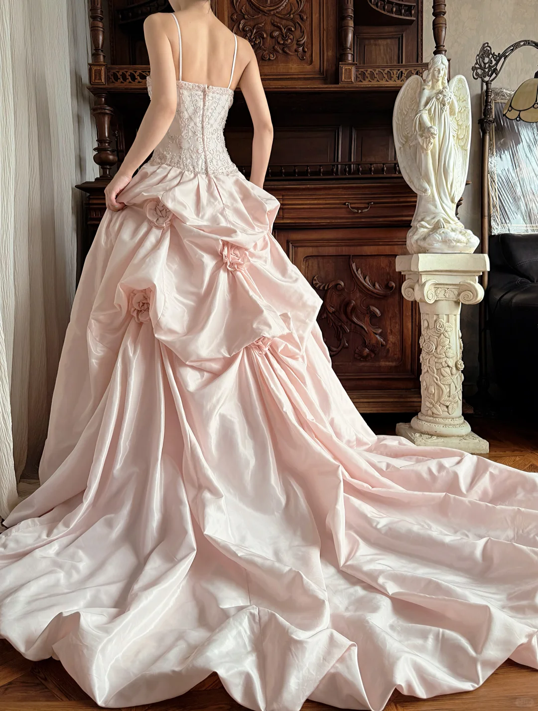 Vintage Pink A Line Straps Beaded Satin Long Sweep Prom Dress Evening Dress SH5660