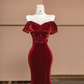 Burgundy Mermaid Off the Shoulder Sequin Velvet Long Prom Dress Party Dress SH4369