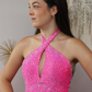 Hot Pink Sheath Halter Beaded Satin Backless Short Homecoming Dress SH6796