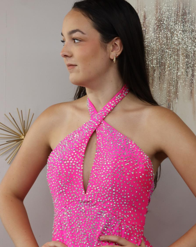 Hot Pink Sheath Halter Beaded Satin Backless Short Homecoming Dress SH6796