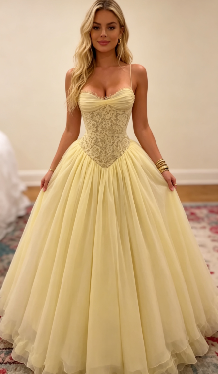 Princess Yellow A Line Sweetheart Neck Lace Chiffon Long Prom Dress Outfits SH6736