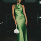 Charming A Line Halter Green Satin Long Open Back Prom Dress Evening Dress SH2109