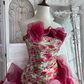 Vintage Pink Print Floral Ball Gown Ruffle Layered Organza Prom Dress Sweet 16 Dress SH5985