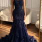 Navy Blue Mermaid Halter Beaded Floral Tulle Prom Dress Evening Dress SH5499