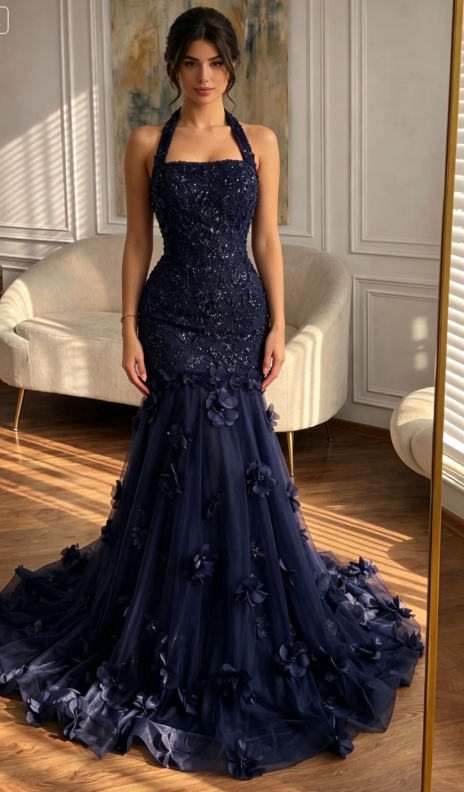Navy Blue Mermaid Halter Beaded Floral Tulle Prom Dress Evening Dress SH5499