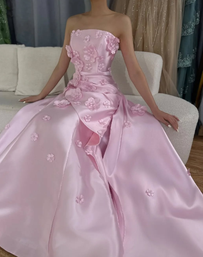 Sweet Pink Mermaid Strapless 3D Floral Satin Prom Dress Evening Dress SH1902