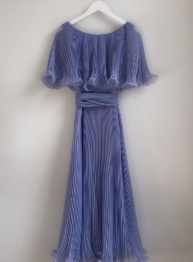 Gentle A Line Round Neck Blue Pleated Chiffon Long Evening Dress Party Dresses SH2905