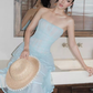 Baby Blue Sheath Strapless Layered Lace Tulle Prom Dress Evening Dress SH3112