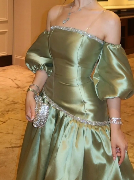 Sage Green A Line Off the Shoulder Beaded Satin Prom Dress Evening Dress SH5523
