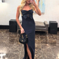 Navy Blue Sheath Strapless Bow Satin Long Prom Dress with Slit SH5511