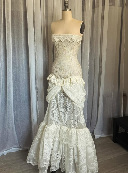 Vintage Apricot Mermaid Strapless Satin Lace Prom Dress Wedding Dress SH7668