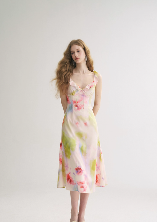 Dreamy A Line V Neck Print Floral Chiffon Summer Dress Party Dress Outfits SH4173