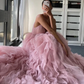 Pink Tulle Ruffles A Line Prom Dress Spaghetti Straps Formal Evening Dress SH1453