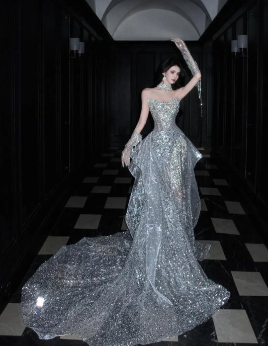 Silver Sequin Shiny Ball Gown Strapless Long Sweep Prom Dress Evening Dress Party Dress SH3617