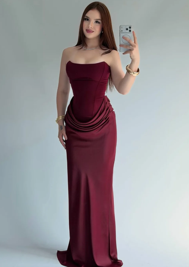 Elegant Sheath Strapless Burgundy Satin Long Prom Dress Evening Dress SH7296