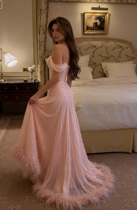Elegant A Line Off the Shoulder Light Pink Feather Chiffon Long Wedding Guest Dress Prom Dress SH5285