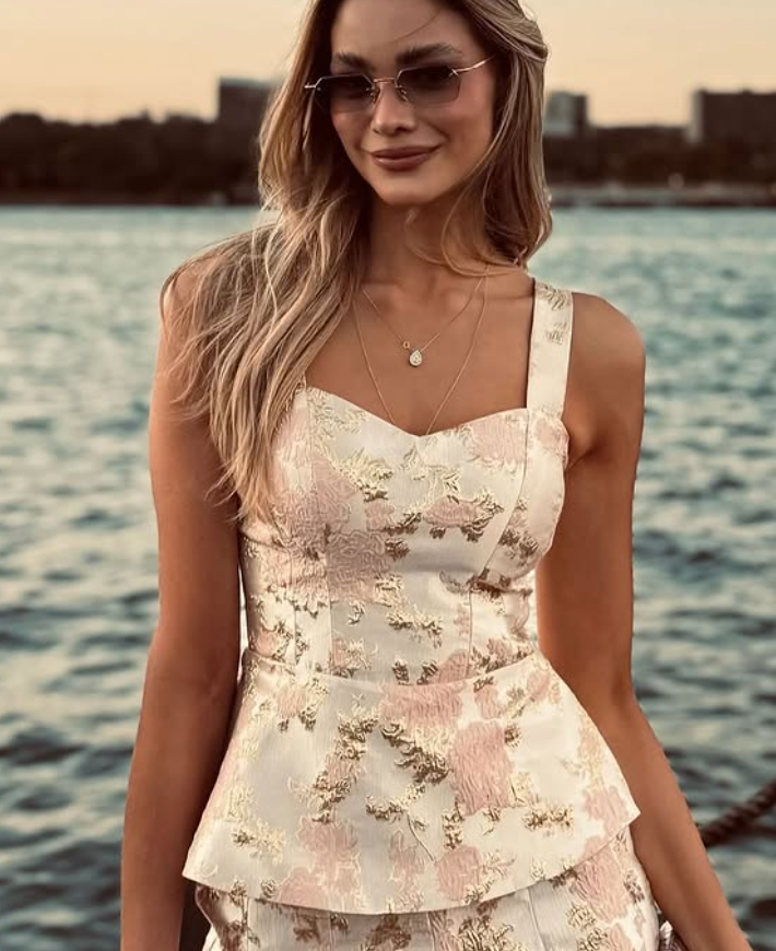 Two Piece A Line Straps Pink Print Floral Satin Prom Dress Evening Dress SH6355