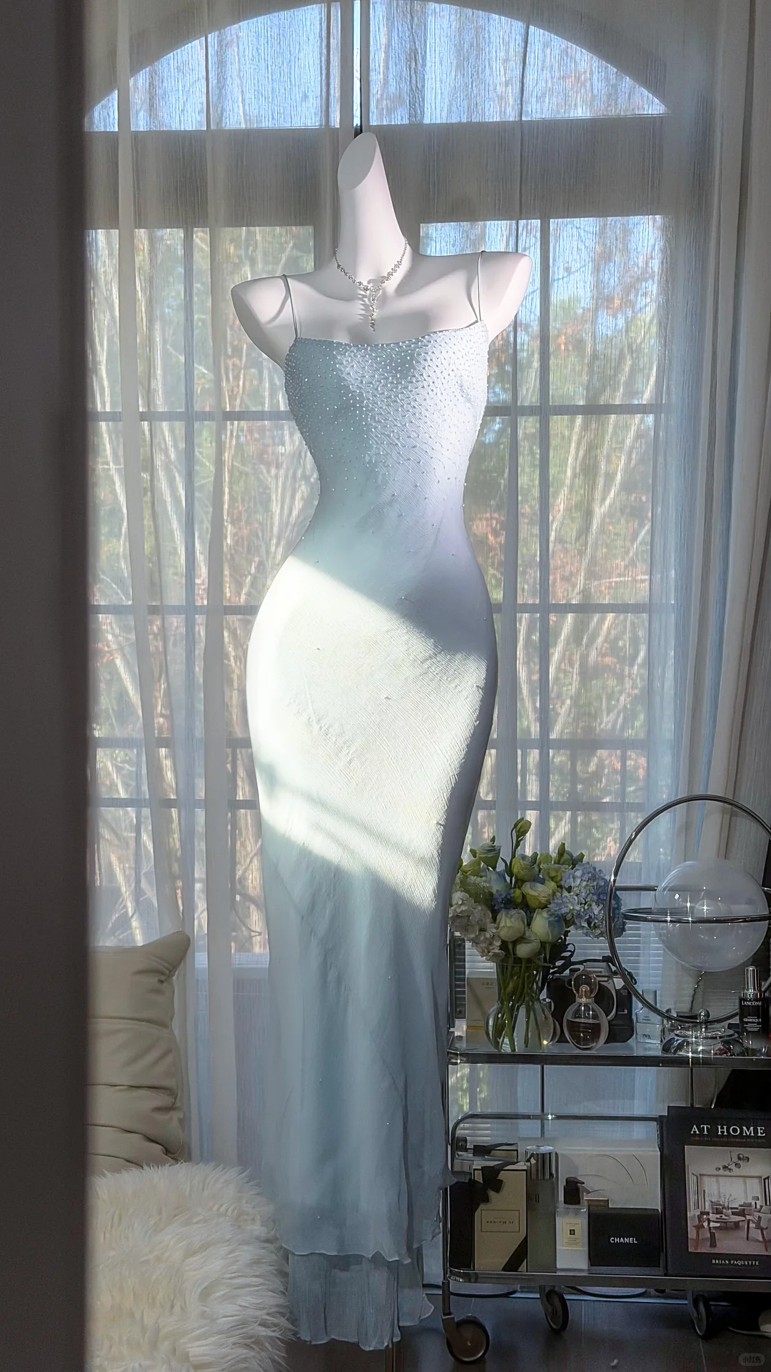 Gentle Cool Baby Blue Sheath Beaded Chiffon Long Graduation Prom Dress SH5343