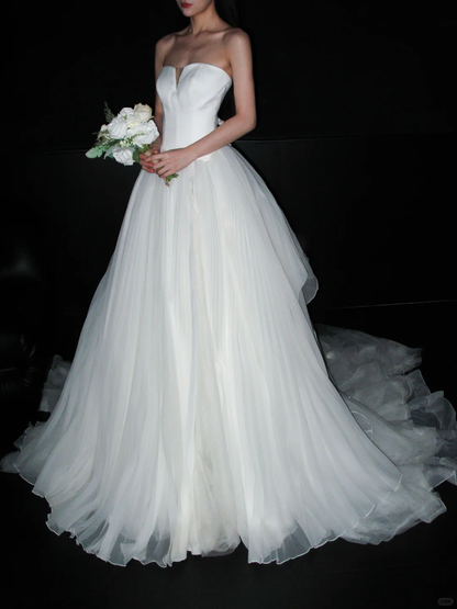 Cute White Ball Gown Sweetheart Neck Satin Tulle Long Train Wedding Dress SH8898