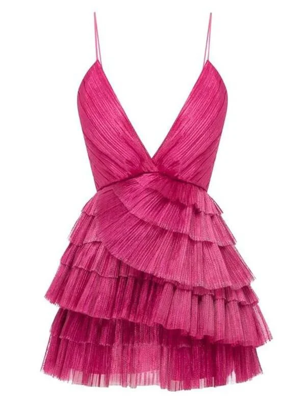 Unique Hot Pink Pleated V-Neck Homecoming Dress SH1419