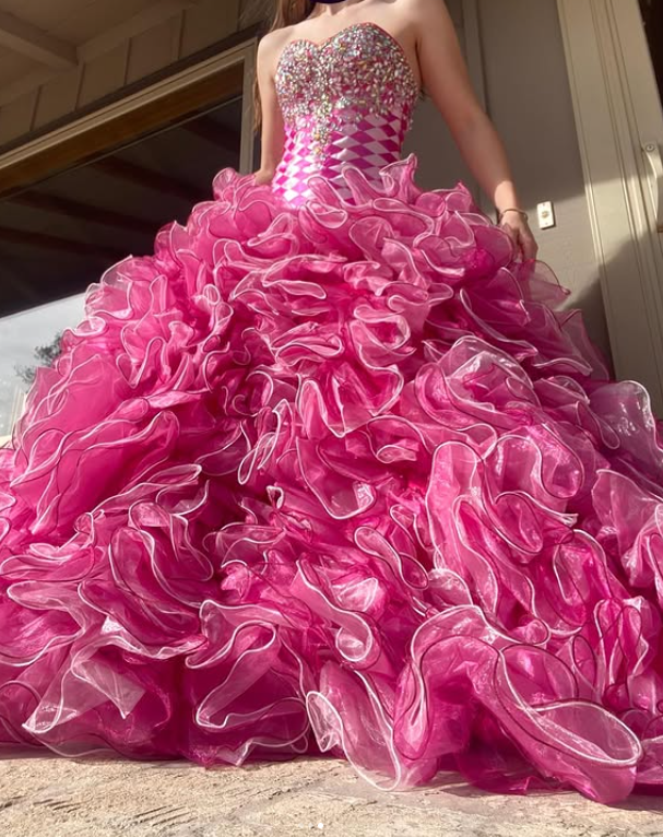 Vintage Uniques Beaded Ball Gown Layered Pink Organza Prom Dress Evening Dress SH5904
