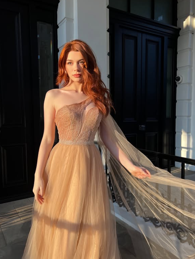 Flowy A Line One Shoulder Beaded Tulle Long Prom Dress Party Dress SH4685