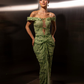 Stunning Green Sheath Off the Shoulder Rhinestone Lace Prom Dress Evening Dress SH6550