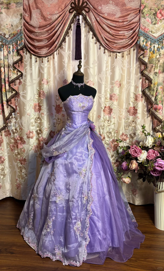 Vintage Ball Gown Strapless Embroidered Purple Organza Satin Long Prom Dress Formal Dress SH4177