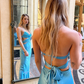 Blue A Line Halter Satin Open Back Long Wedding Guest Dress Party Dress SH3311