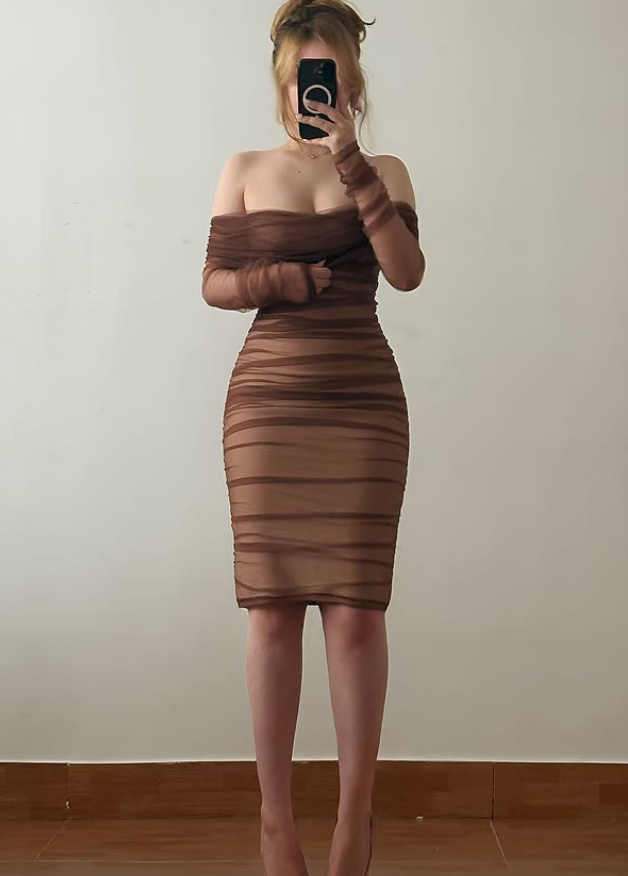 Classic Sheath Long Sleeve Brown Tulle Short Prom Dress Homecoming Dress Outfits SH6856