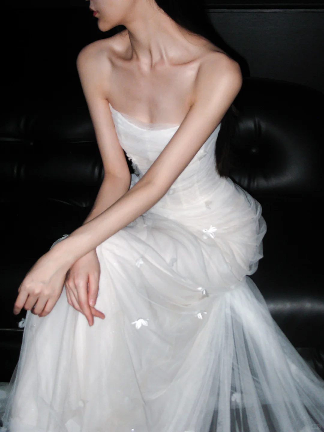 Charming Sheath Strapless 3D Floral White Tulle Long Wedding Dress SH5963