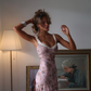Retro Pink Print Floral V Neck Chiffon Long Outfit Party Dress 16 Birthday Dress SH3516