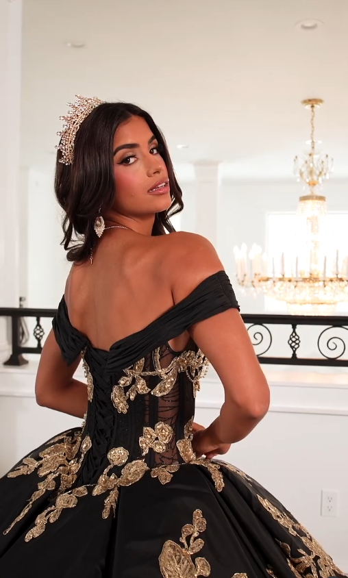 Black Ball Gown Gold Applique Beaded Tulle Long Prom Dress Quinceanera Dress SH5164