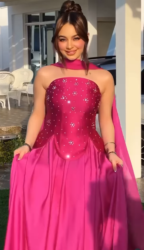 Hot Pink A Line Strapless Beaded Satin Long Prom Dress Wedding Guest Dress SH5412