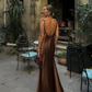 Simple Brown A Line Spaghetti Strap Satin Open Back Prom Dress Wedding Guest Dress SH4448