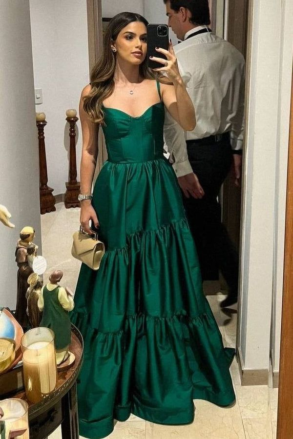 Modern A-Line Straps Green Sleeveless Pleated Long Prom Dress SH1492